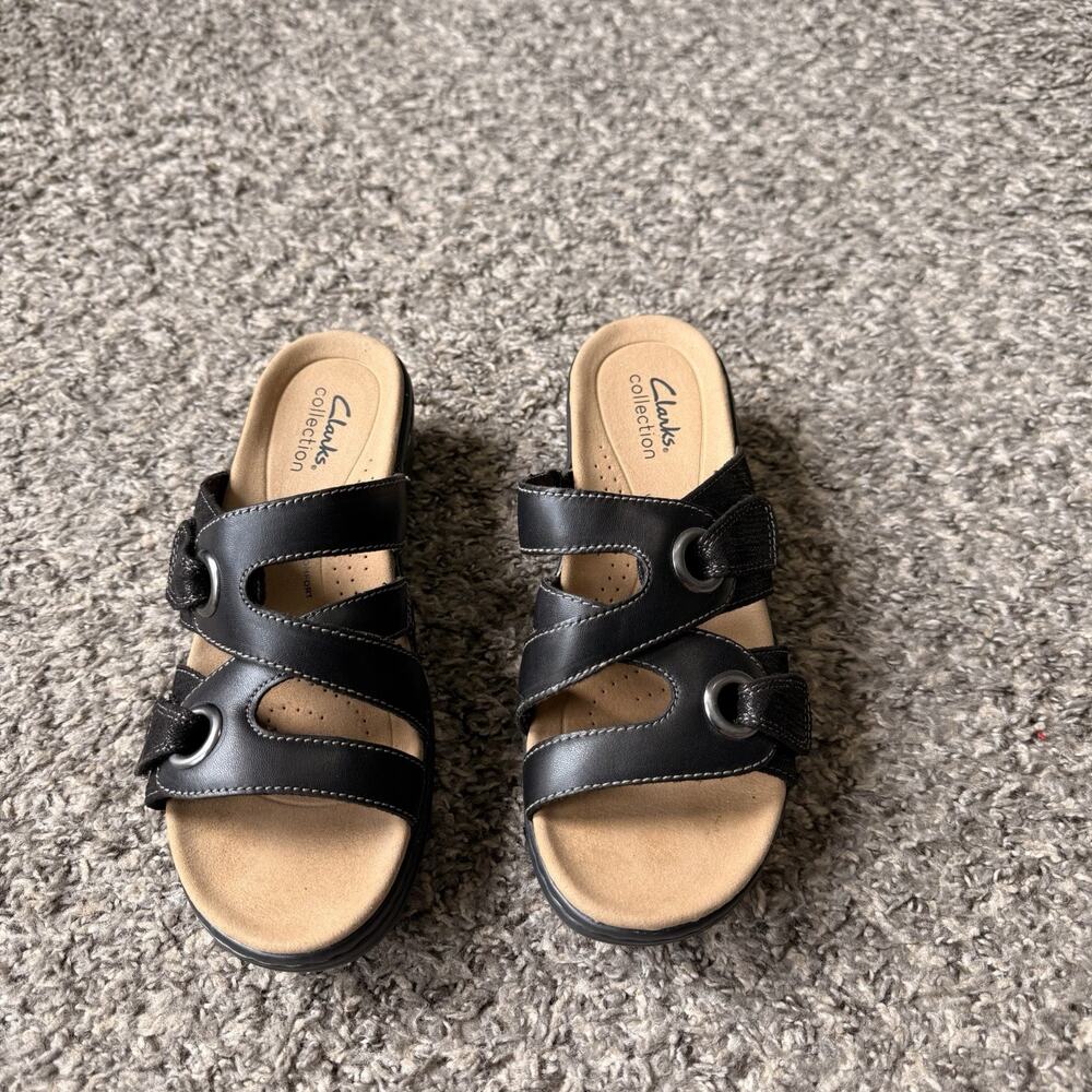 Clarks Merliah Karli Wedge Sandals Shoes Black Leather Womens Size 5 Comfort